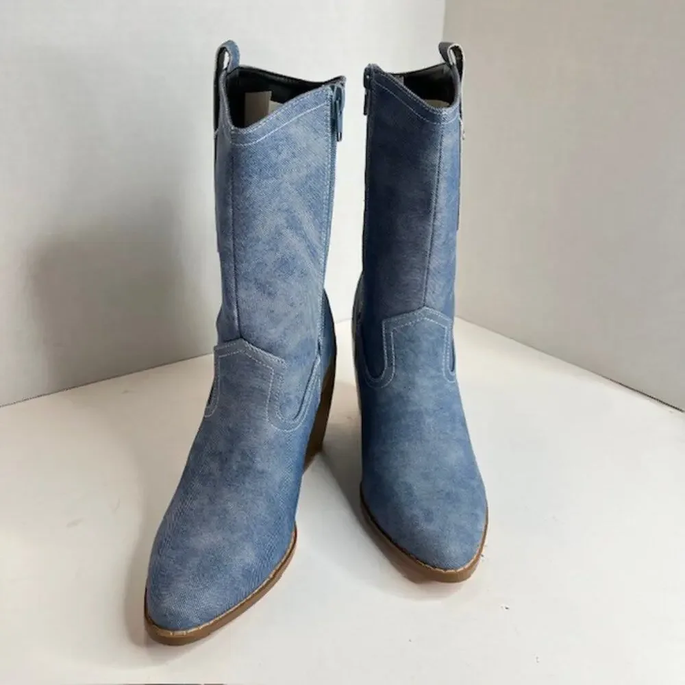 Yoki Denim Style Western Boots Blue Chambray Pointed Toe Size 6.5 New Cowboy